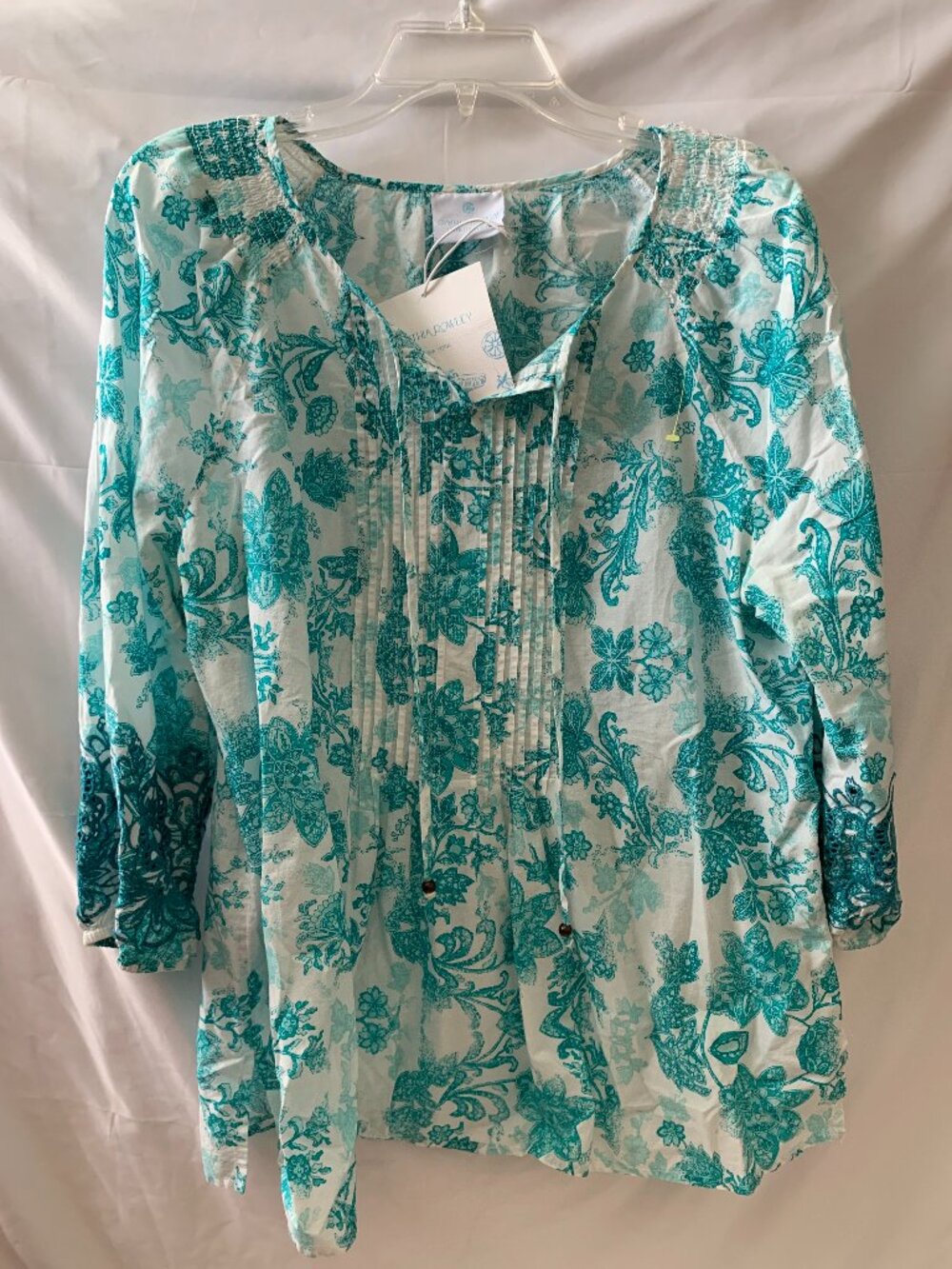 CYNTHIA ROWLEY Floral Linen Tunic Top in Teal/White Sz L/XL